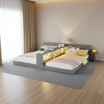 Double Twin Size Bed Frame With Storage,Twin Floor Bed With Light & Charging Station, Convertible 2 Twin Beds For 2 Kids