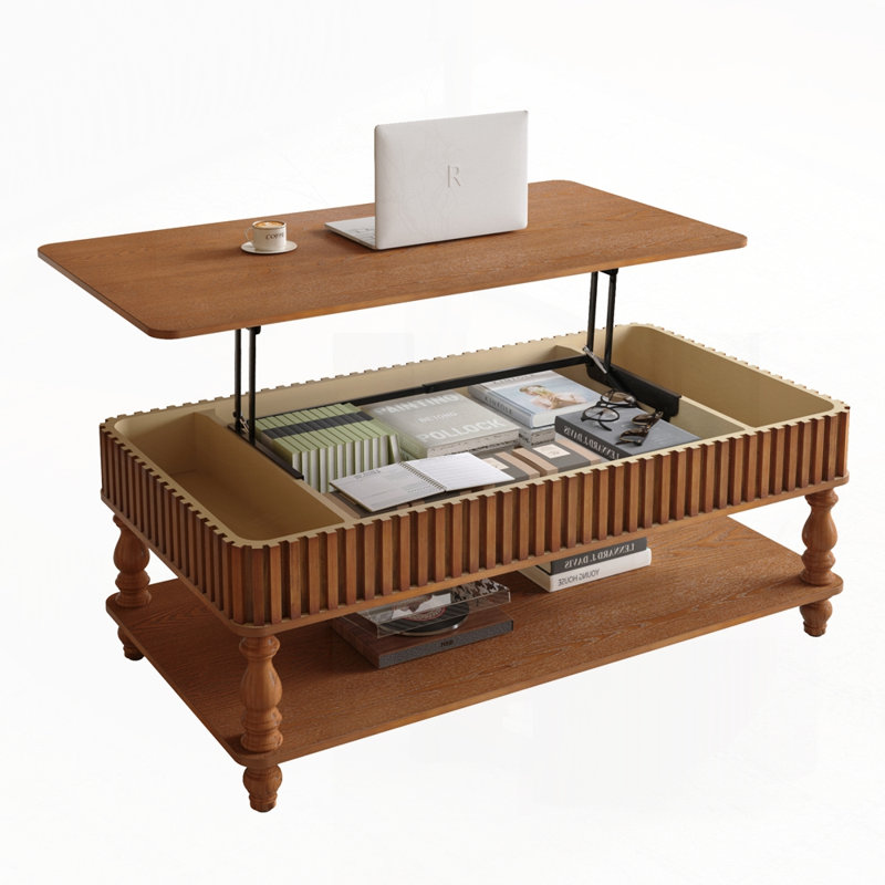 Table basse à plateau relevable avec cadre de rangement en bois massif, 47.24", Marron antique