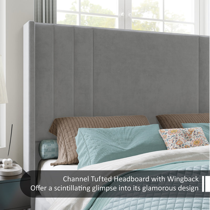 Light Gray Velvet Upholstered Queen Bed with Tufted Headboard