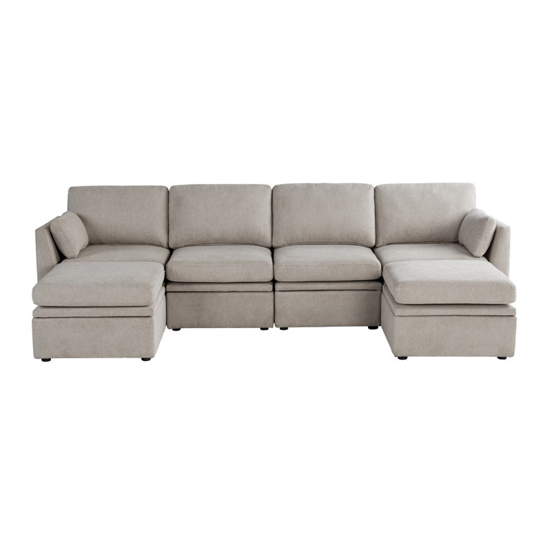 6 Piece U-shaped Modular Fabric Sectional, Beige Polyester