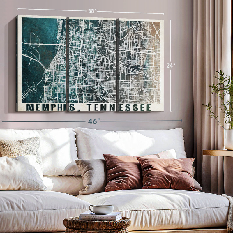 «Vintage Memphis City Map» sur toile, H 24 po x l 38 po x P 1,25 po