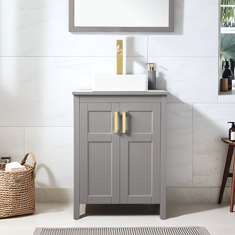 24'' Modern Free-Standing 2-Door Single Bathroom Vanity With Ceramic Top, Gray