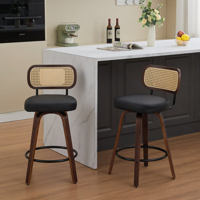 Set Of Two Counter Height Bar Stools With Rattan And Cane Design, Upholstered Seats, Swivel Function, Ideal For Kitchens And Bars
