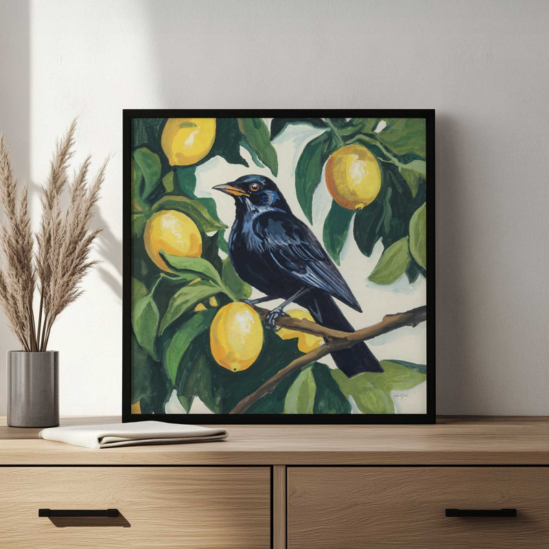 «Bird with Lemon Branch» par Kate Jarvik Birch, reproduction d'art, H 31,5 po x l 31,5 po, Blanc, Impression encadrée