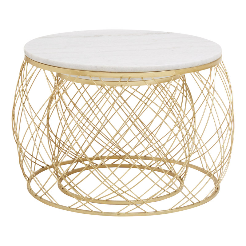 Set Of Two Side Tables With White Marble Top And Gold Frame