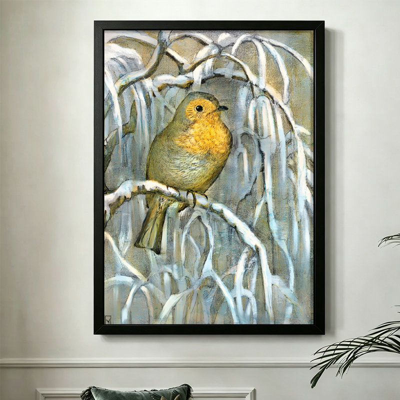 Modern Abstract Robin perched on snowy branches, textured acrylic painting style. 24" x 36" Framed Canvas Wall Art in Black Wood Fram