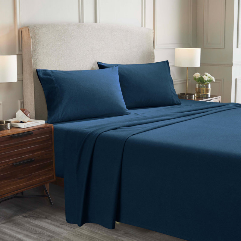 Superior Turpin Solid Standard 100% Cotton Flannel Sheet Set, Navy Blue, California King 4pc Set
