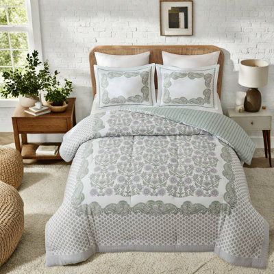 Ensemble de literie pour grand lit double, édredon en mélange de coton floral vert pour la chambre à coucher