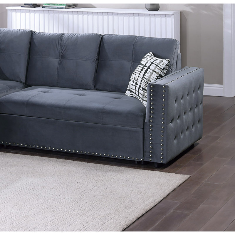 Convertible Sectional Sofa Pull out Bed, Velvet Gray