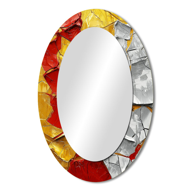 Abstrait Fiery Fragmented Balance I - Miroir mural moderne rouge ovale, 36 po x 24 po