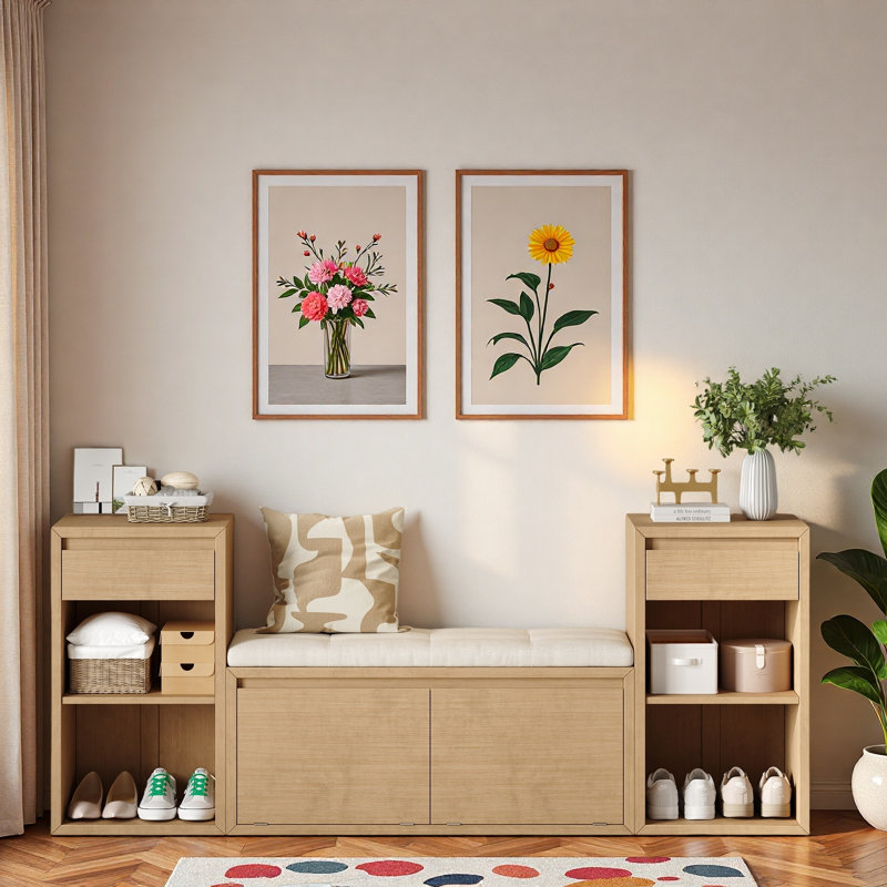 Banc de rangement avec coussin, compartiments, tiroirs et tablettes ouvertes, Naturel