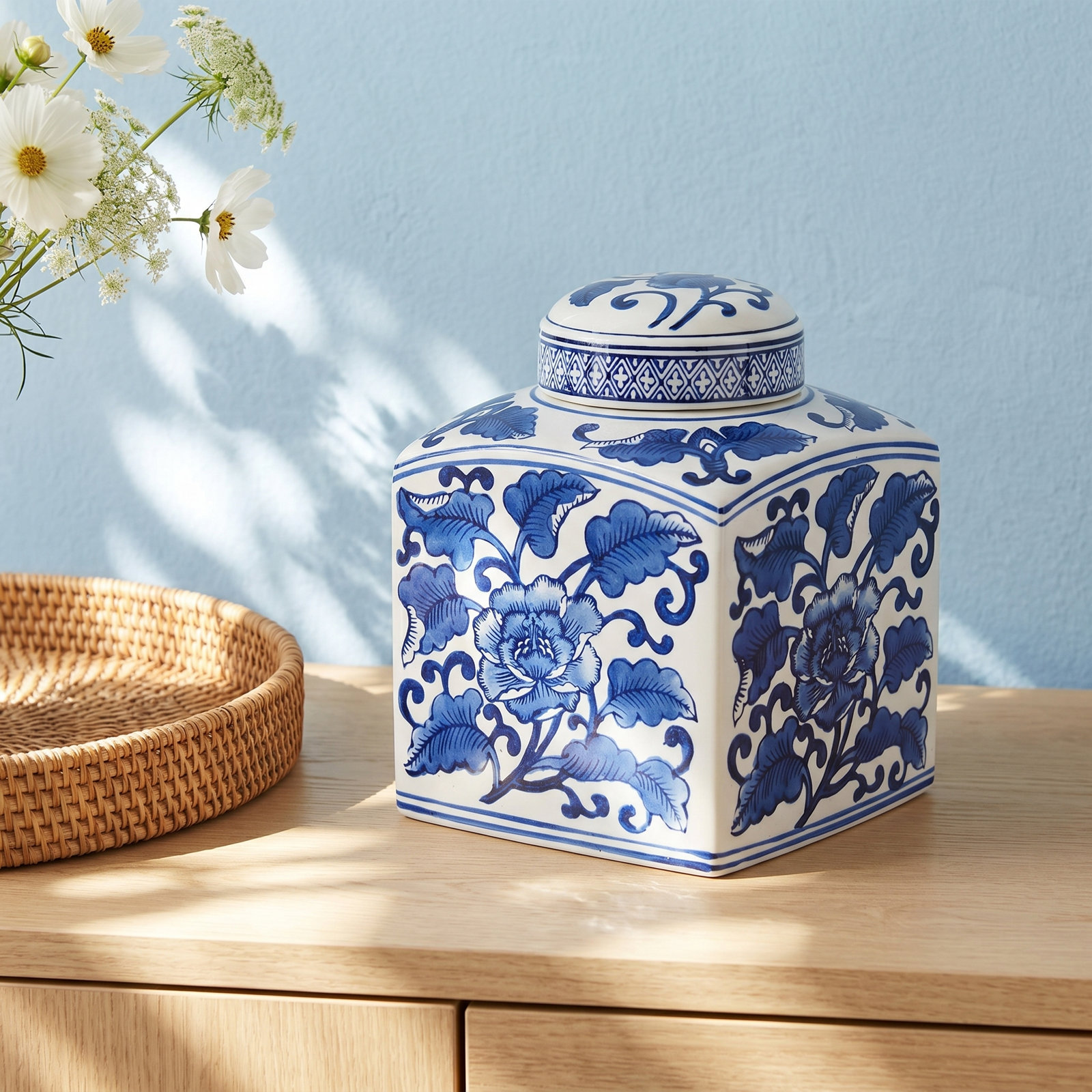 Floral Ceramic / Porcelain Jar, 8" H x 5" W x 5" D