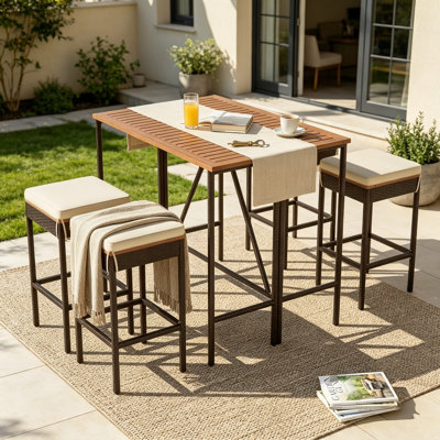 5-Piece Outdoor Acacia Wood Bar Height Table And Four Stools With Cushions, Garden PE Rattan Wicker High Dining Bistro Set With Foldable Tabletop, All-Weather Patio Furniture