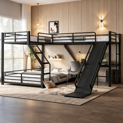 Lit superposé en L en métal, lit superposé simple au-dessus d'un lit double avec glissoire et bureau, cadre de lit robuste avec garde-corps et échelle, lit superposé multifonctionnel, aucun sommier requis, cadre de lit à plusieurs niveaux, lit superposé noir pour chambre à coucher, salle de jeux