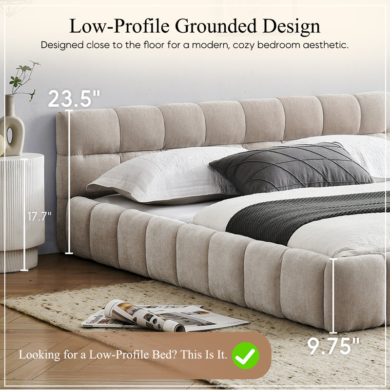 Lit plateforme tapissier surbaissé avec tête de lit à profil bas, sans sommier tapissier, Grand, Beige