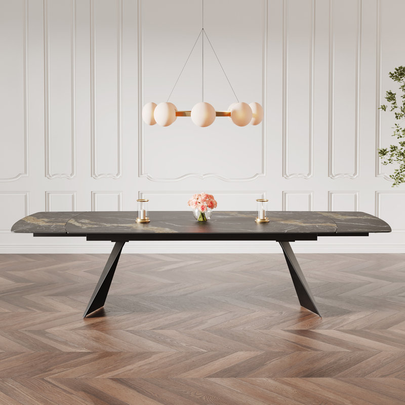 Table de salle à manger extensible 78,8 po à 110,2 po Moiser pour 10-12 avec plateau en pierre frittée, Noir mat / sable doré