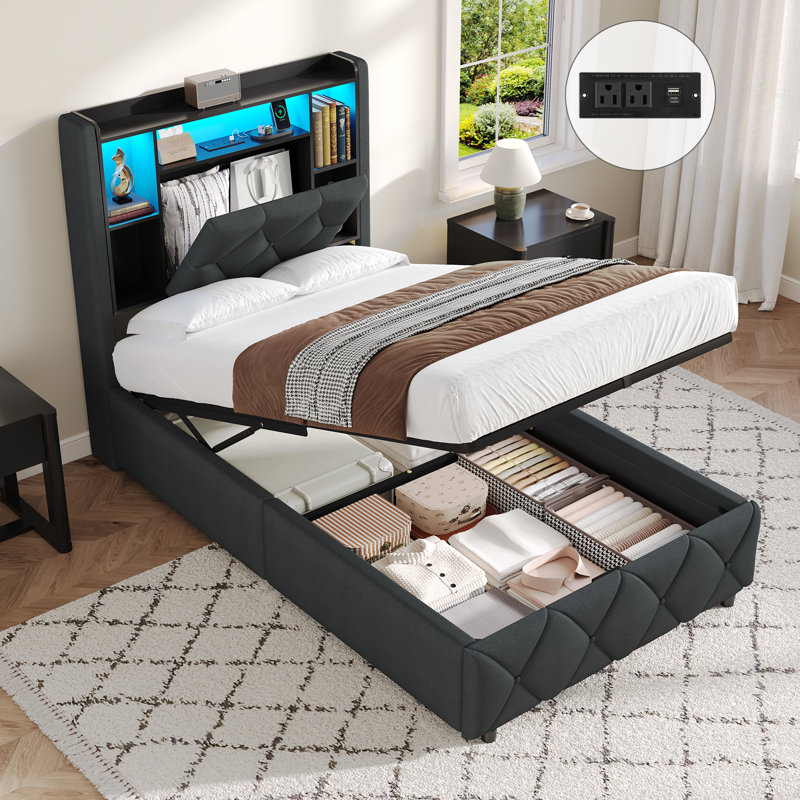 Ottoman Bed Frame with Charging Station and LED Lights, Upholstered Storage Beds with Lift-Up Underbed Storage, Easy Operation