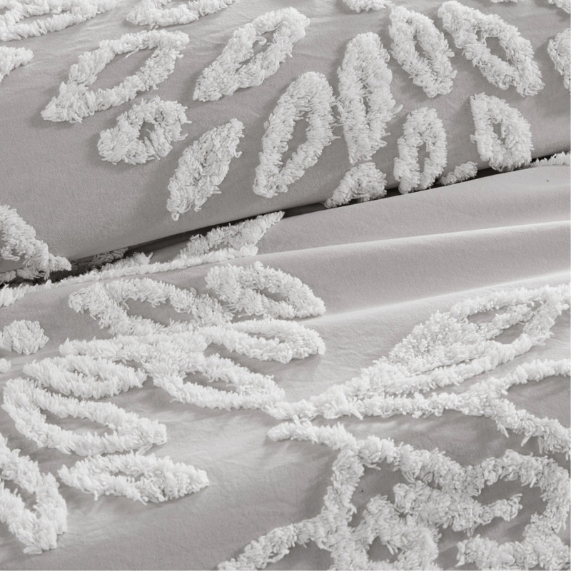 Édredon gris chaud / blanc - 3 pièces en coton de style chenille double / grand décor lavable à la machine, Gris chaleureux