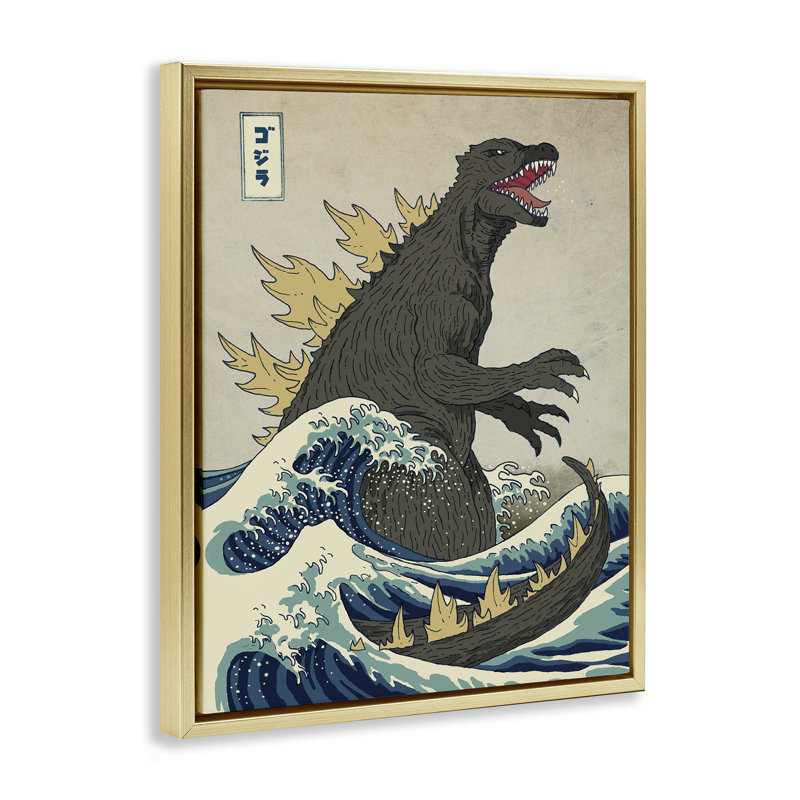 Illustration nautique de style oriental Godzilla, Cadre flottant métallique doré, H 17 po x l 21 po