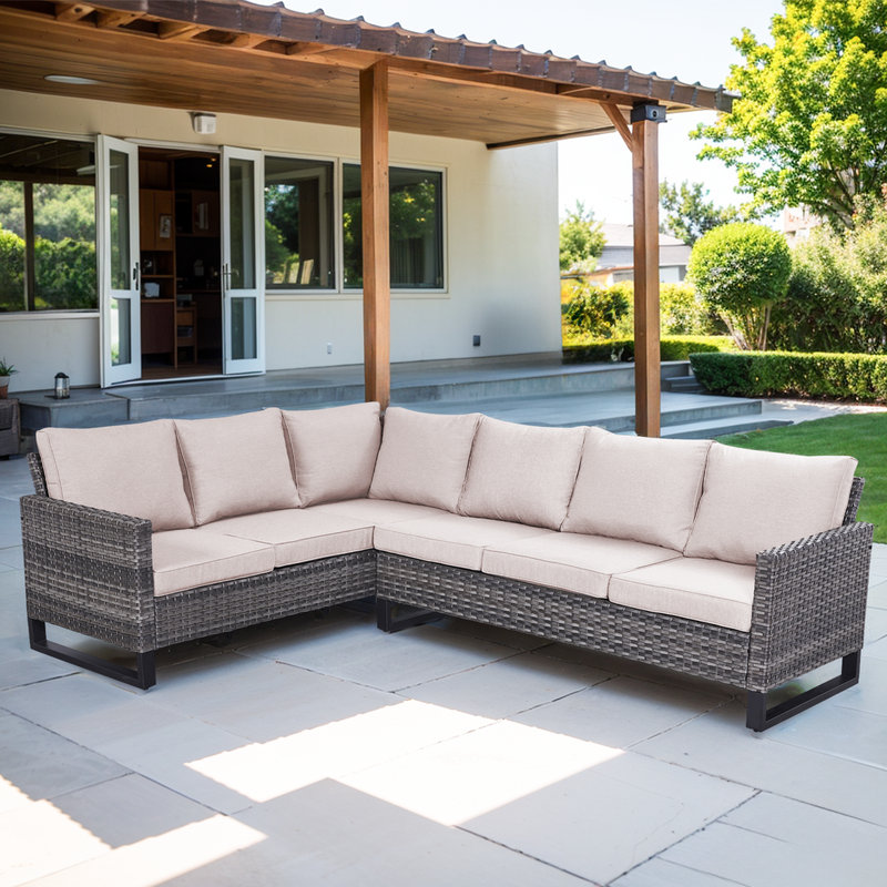 Wade Logan® Chaquille 105" Wide Outdoor Wicker LShaped Patio Sectional with Cushions Wayfair