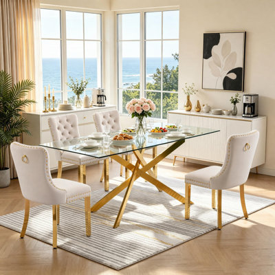 Ensemble de salle à manger rectangulaire 5 pièces (155 cm), table de cuisine moderne en verre et métal avec 4 chaises capitonnées en velours pour salle à manger