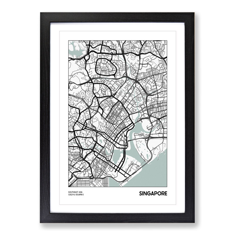 Map Singapore Asia - Picture Frame Graphic Art, 90cm H x 65cm W x 2cm D, Black