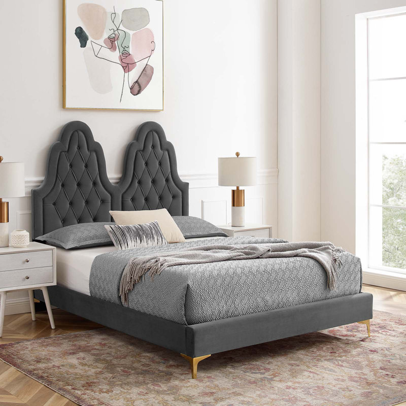 Lit plateforme en velours Alexandria, Simple, Rose