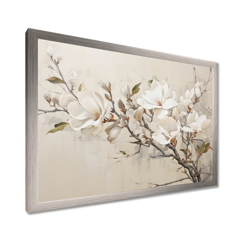Beige de Magnolias «Dreamy» - art mural encadré Magnolias, H 16 po x l 32 po x P 1 po, Cadre simple argenté