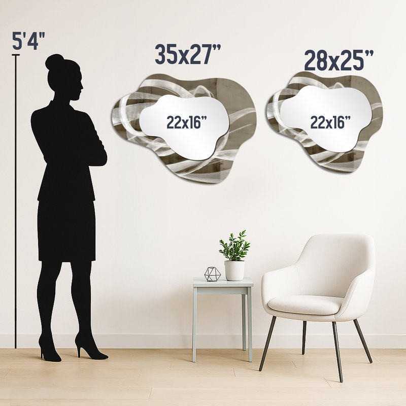 Miroir mural géométrique asymétrique - tourbillon moderne abstrait gris-blanc, impression métallique, 27 po x 35 po