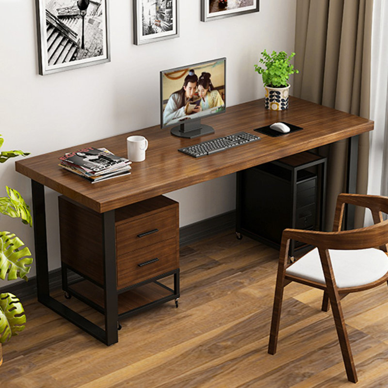 Black Rectangular Solid Wood+Iron desk, Light Coffee, 29.53" H x 62.99" W x 27.56" D