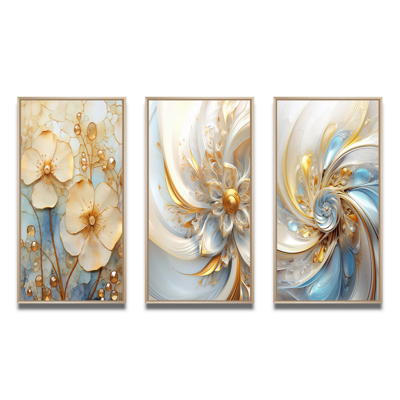 «Blossoming White Retro Violets», 3 pièces sur toile, Cadre naturel flottant, H 32 po x l 48 po