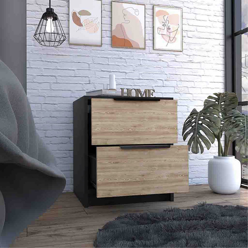 Modern Nightstand 19" H, Two Drawers, Black / Pine, Black/Natural