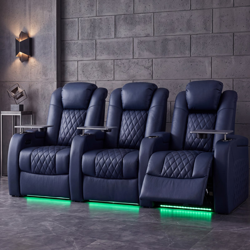 Siège de cinéma en cuir Ahlaya avec porte-gobelet, Cuir véritable bleu