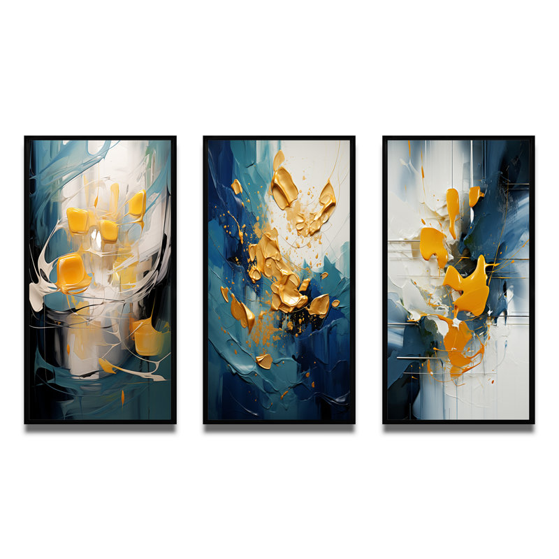 Sudden Happiness abstrait bleu sarcelle et jaune - ensemble de 3 impressions, Cadre noir, H 32 po x l 48 po