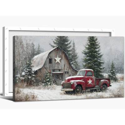 Art mural grand paysage hivernal - impressions de Noël rétro, art mural sur toile scène d'hiver pour le salon, décoration murale de camion rouge rustique, cadre en pin sur toile tendue, 20 po x 40 po