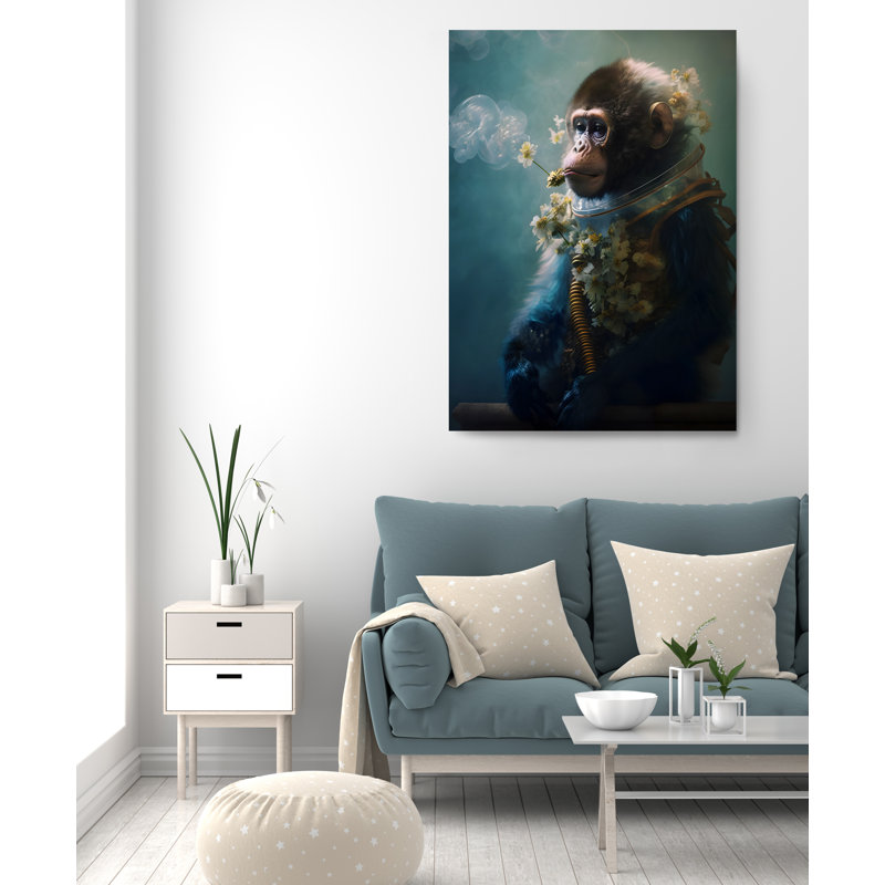 " Astronaut Monkey With Flowers ", 24" H x 16" W x 1" D
