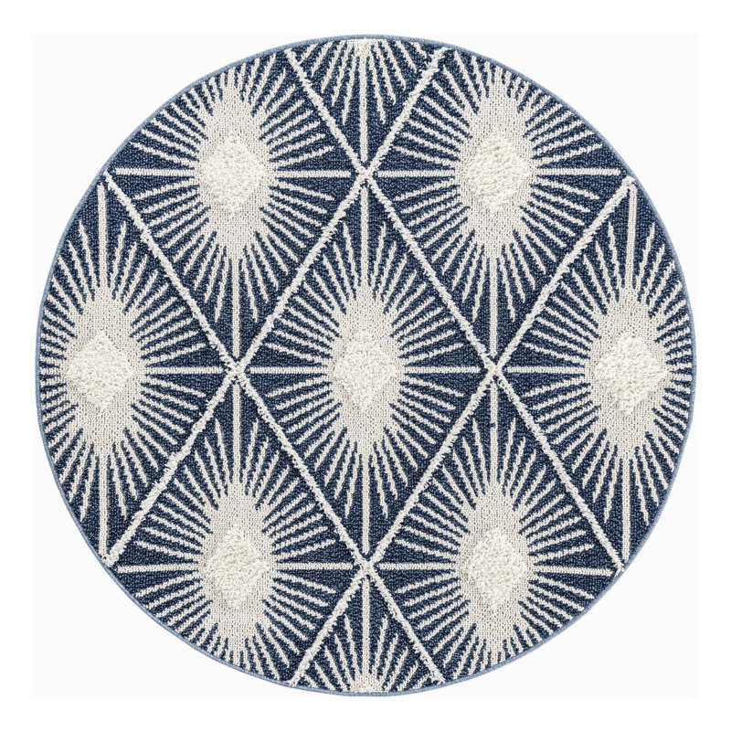 Geometric Machine Woven Runner 2'7 x 12' Polyester Area Rug in Blue, Round 5'3"