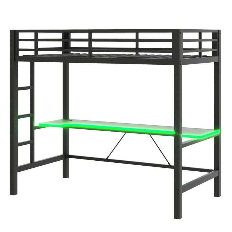 Base de lit mezzanine en métal avec lumière DEL, station de charge USB et bureau Gaming, Lit simple, Noir