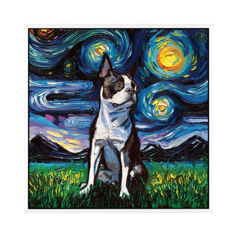 Boston Terrier Night II by Aja Trier - Painting on Canvas, White Framed Canvas, 66.04 cm H x 66.04 cm W