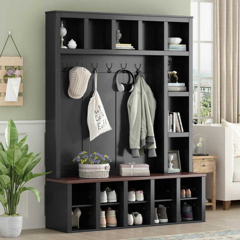 Hall Tree With Mutiple Cubes And Bench, Black