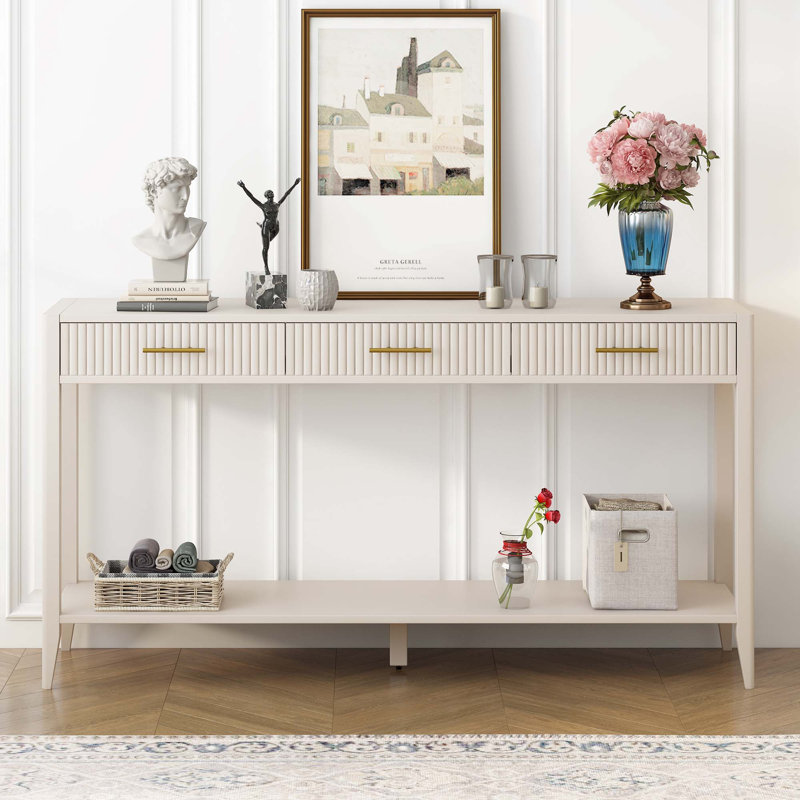 60" Painted Console Table With 3 Drawers, Beige/Beige