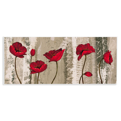 Red Poppies Blooming Rustic Distressed Wood Grain by Brian Francis - Wrapped Canvas Graphic Art Print