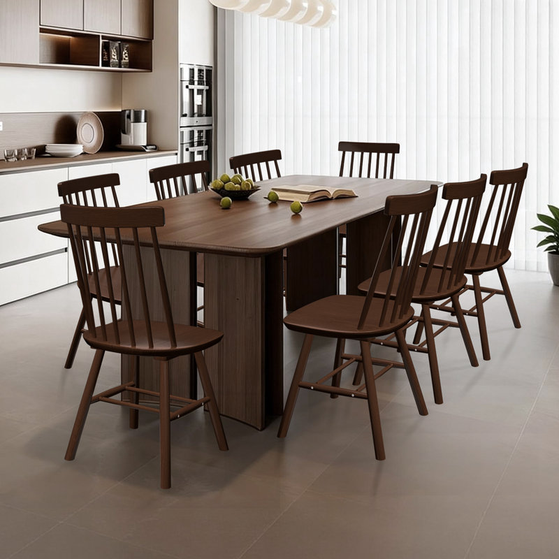 Ensemble de 2 chaises de salle à manger 7 places à dossier étroit Windsor, brun, en bois franc massif, Brun, 2