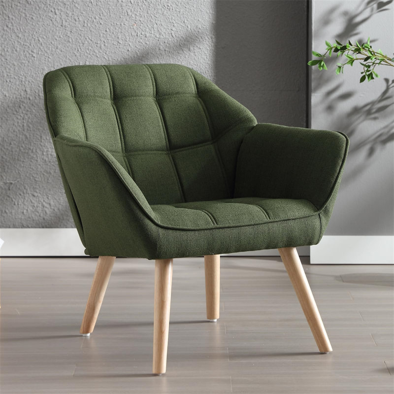 Linen Armchair Upholstered Accent Tub Chair With Wood Legs, Leisure Single Sofa Chair For Living Room/Bedroom, Green