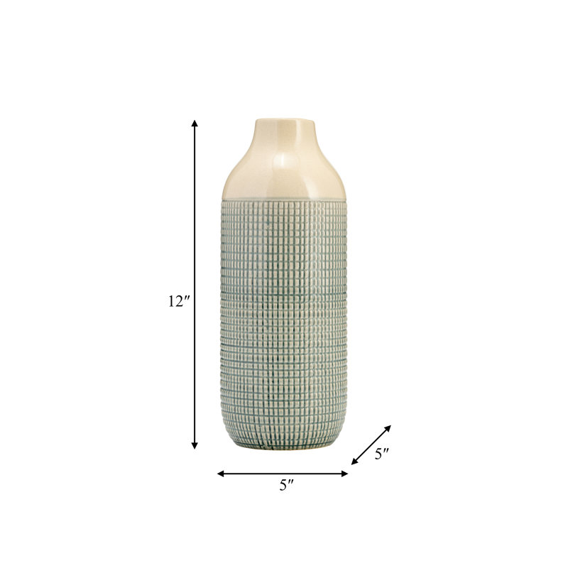 Chartres Stoneware Ceramic Vase - Textured Casual Home Decor Accent with Grid Relief Design, 3 Tone Green