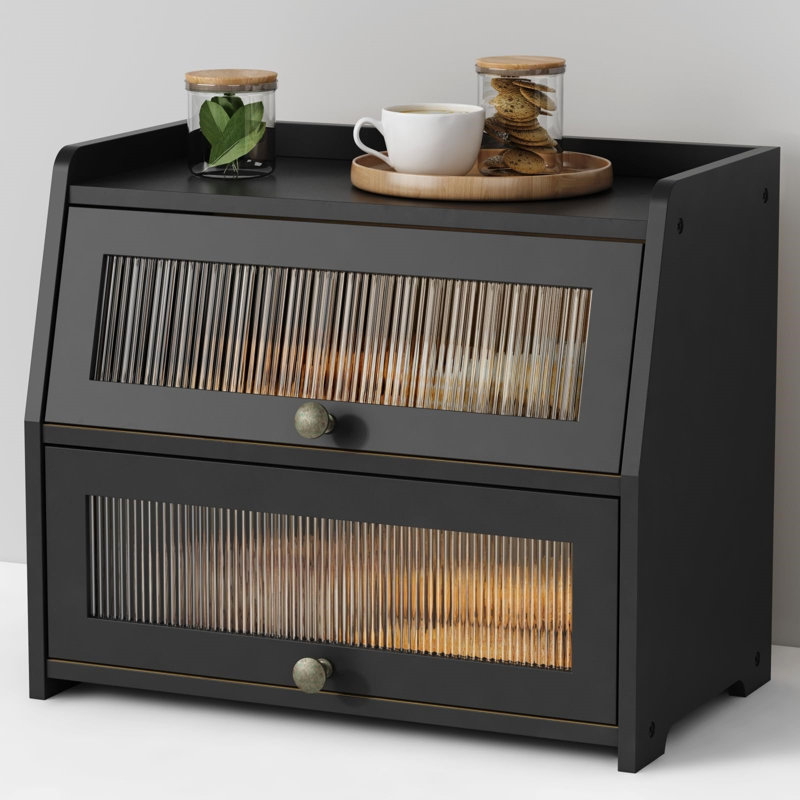 Large Double‑Layer Black Bread Box, Farmhouse Storage Organizer for Kitchen Counter Pantry Cabinet