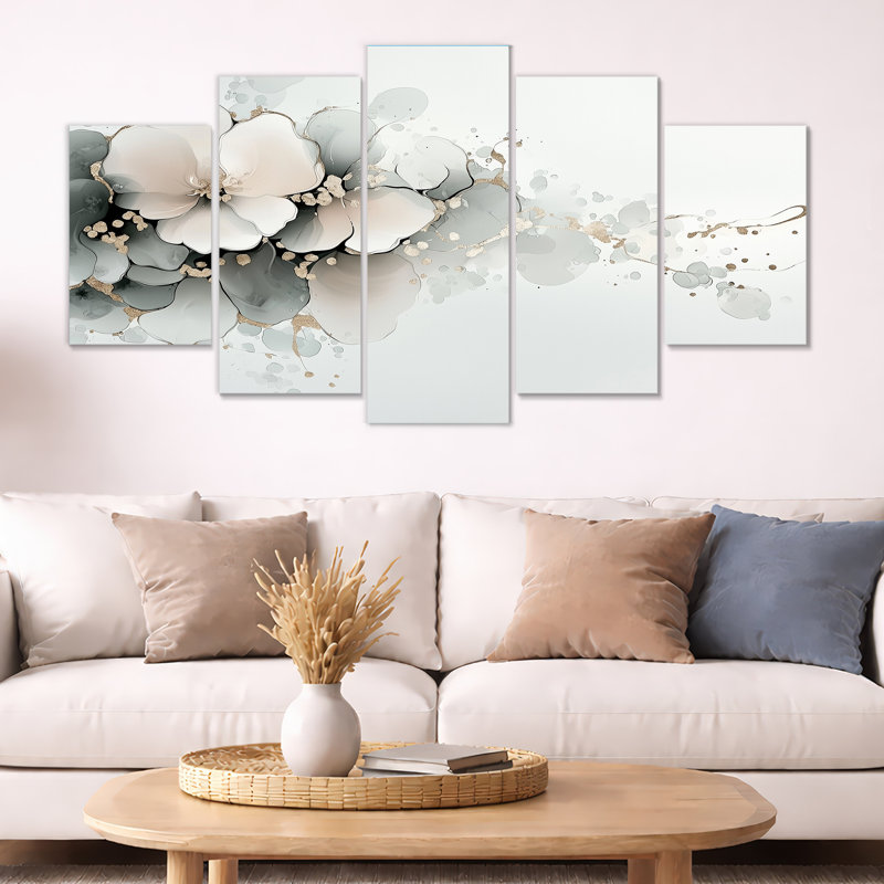 Encre de pivoines, art mural 5 panneaux