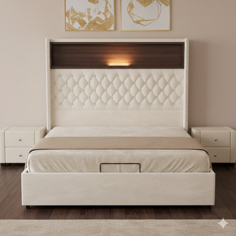 Structure de lit beige capitonnée en velours pleine grandeur avec port USB et veilleuse, tête de lit 52 po avec décoration à rivets, lit plateforme à oreilles avec tablette de tête de lit