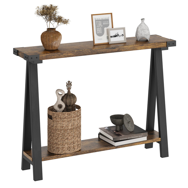 2-Tier Sofa Table, Entryway Table With Storage Shelf, V-Shaped Leg Design, Farmhouse Console Table With Metal Frame, Multipurpose Accent Furniture For Living Room Bedroom Couch Hallway Grey