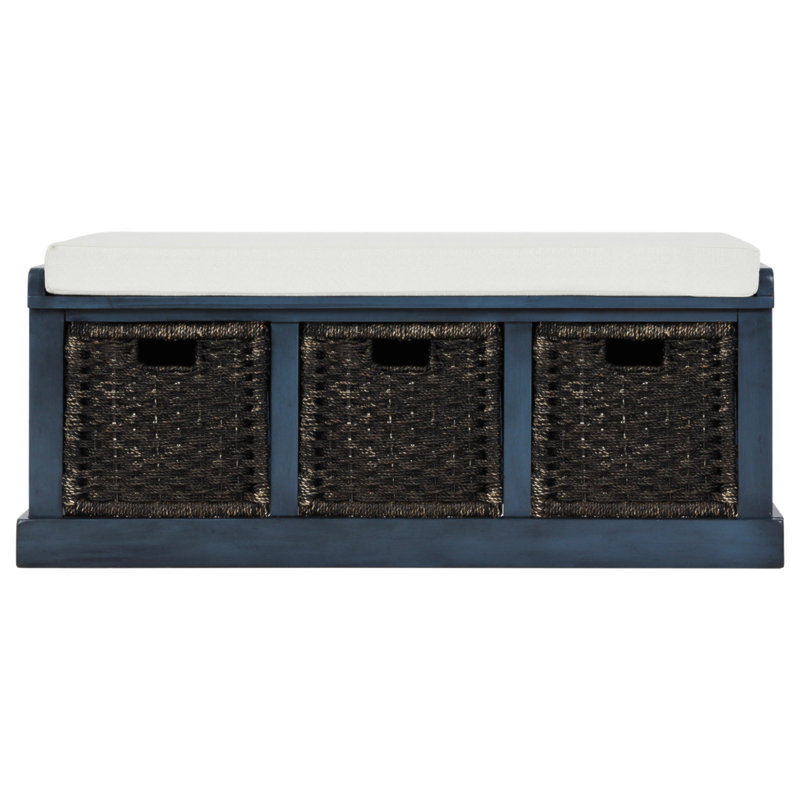 Banc de rangement rustique avec 3 paniers en rotin classiques amovibles, banc d'entrée avec coussin amovible